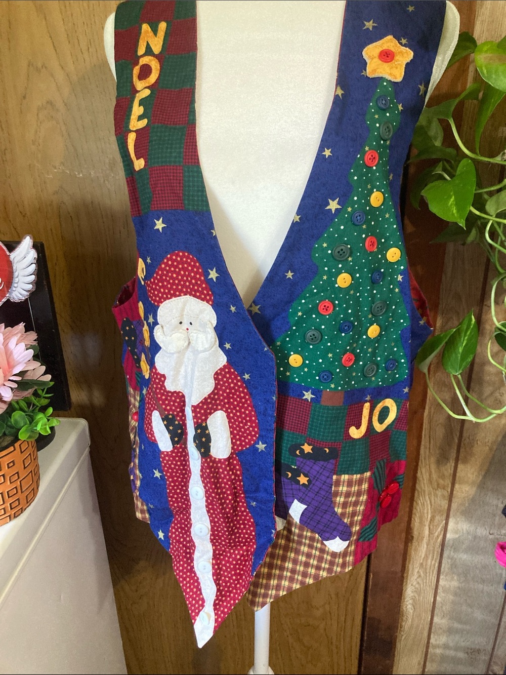 Festive Blue Santa and Tree Patchwork Holiday Vest